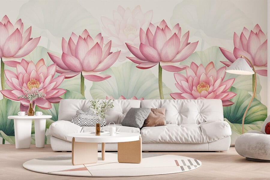 Papel de parede Grupo de flores cor-de-rosa com folhas verdes