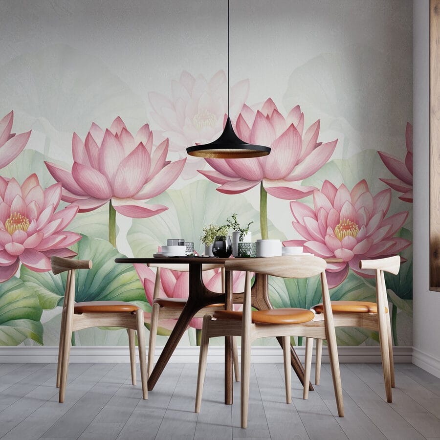 Papel de parede Grupo de flores cor-de-rosa com folhas verdes - Image 3