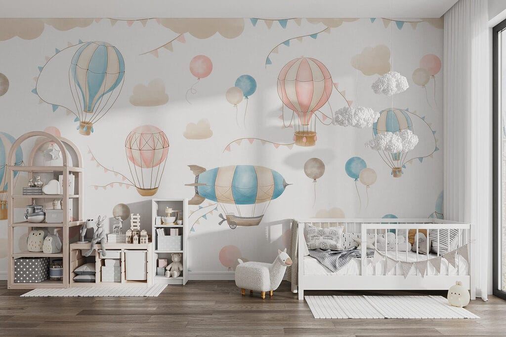 Group of hot air balloons and flags