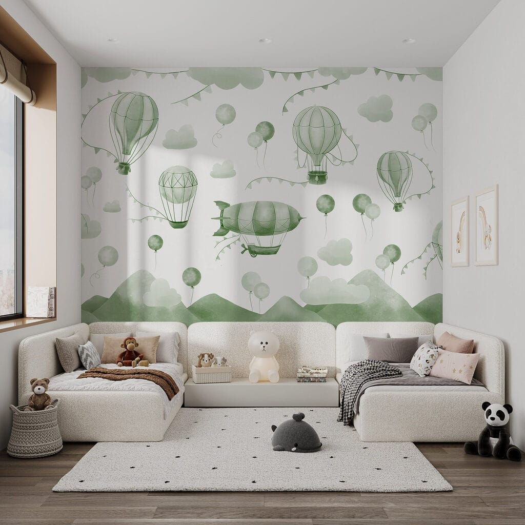 Green and white background with balloons and mountains Green and white background with balloons and mountains