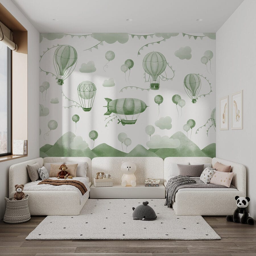 Fundo verde e branco com balões e montanhas