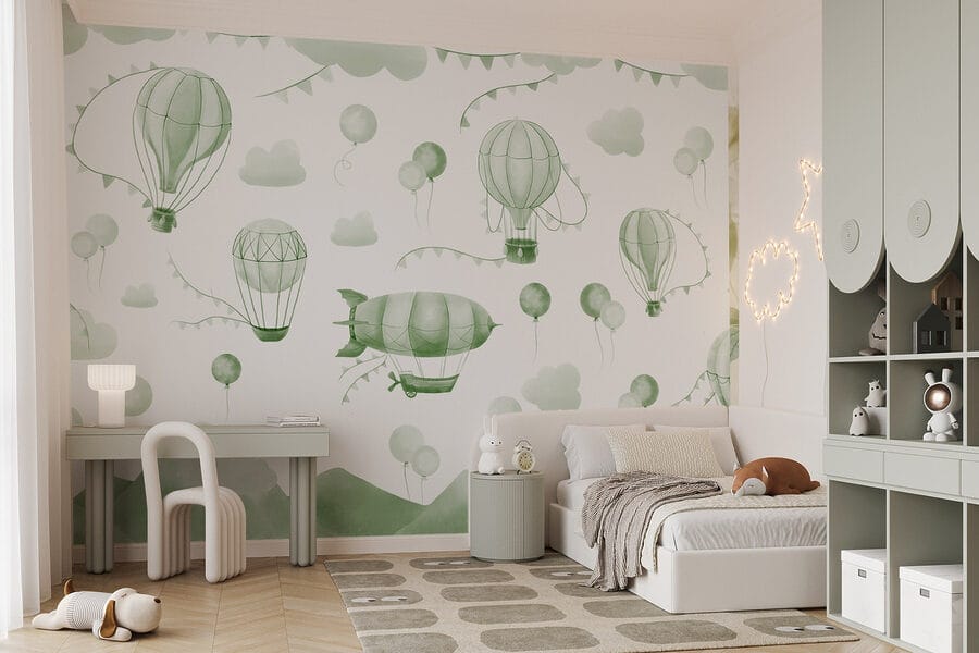 Fundo verde e branco com balões e montanhas