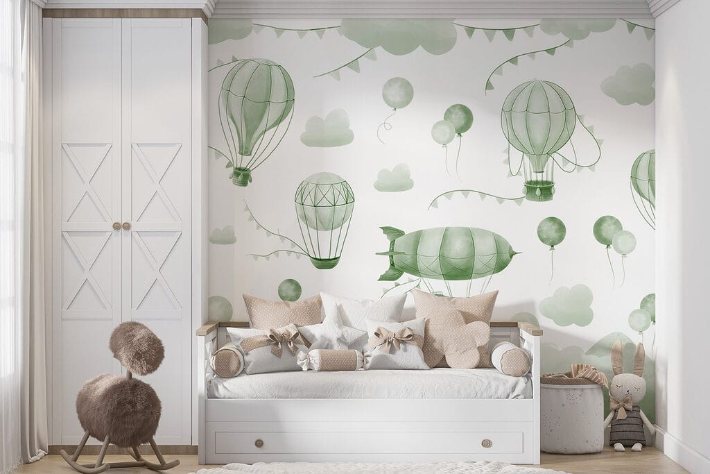 Green and white background with balloons and mountains Green and white background with balloons and mountains