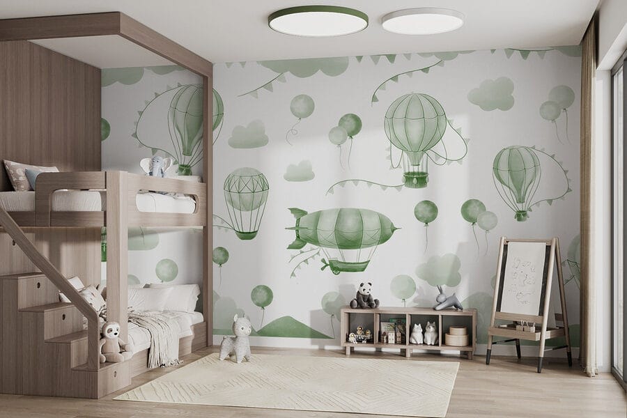 Fundo verde e branco com balões e montanhas