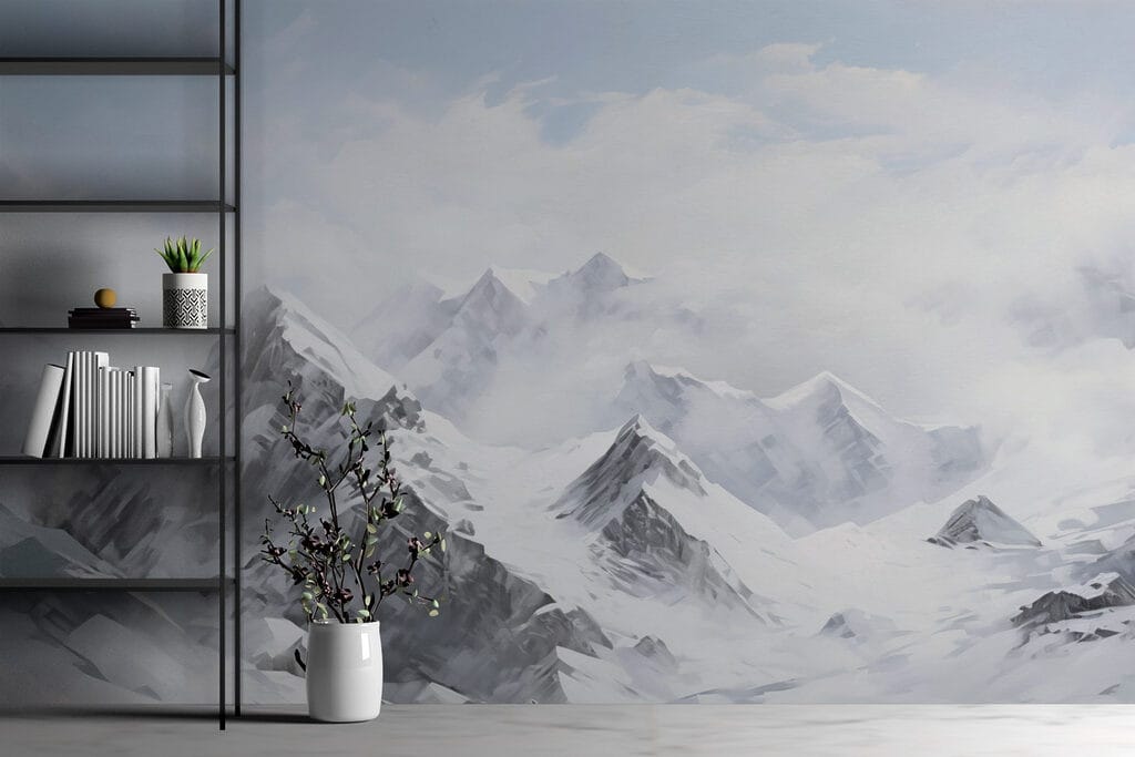 Snowy mountain range with clouds