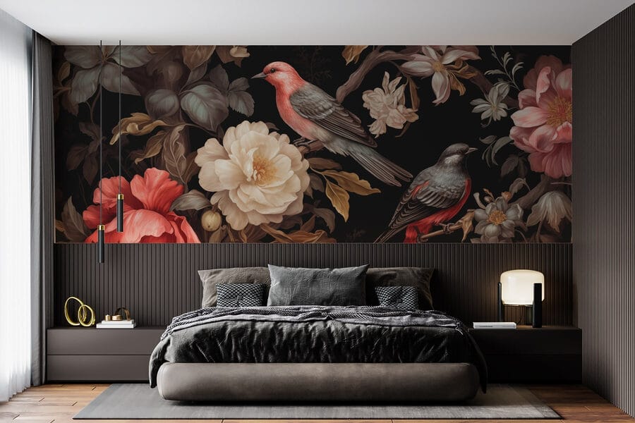 Pintura de pássaros sobre flores