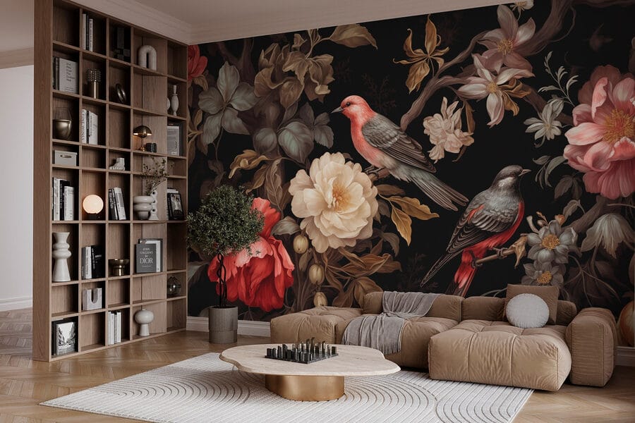 Pintura de pássaros sobre flores