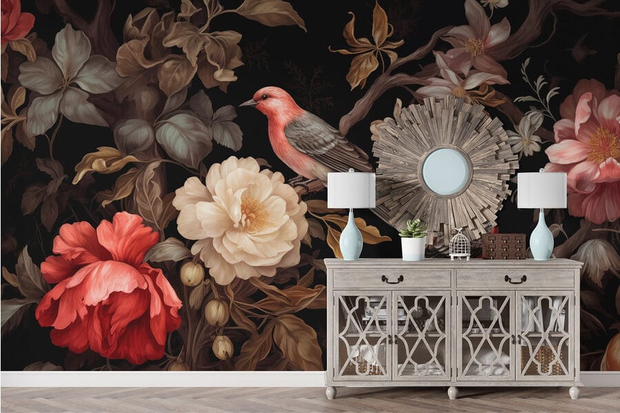 Pintura de pássaros sobre flores