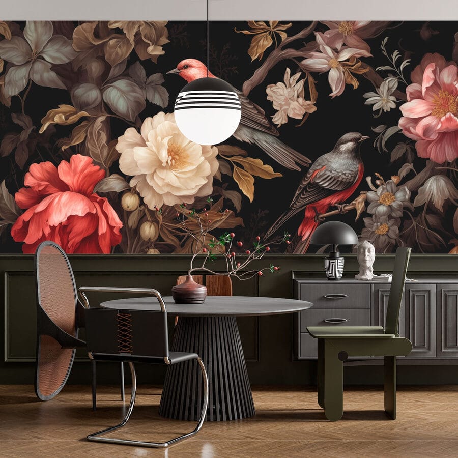 Pintura de pássaros sobre flores