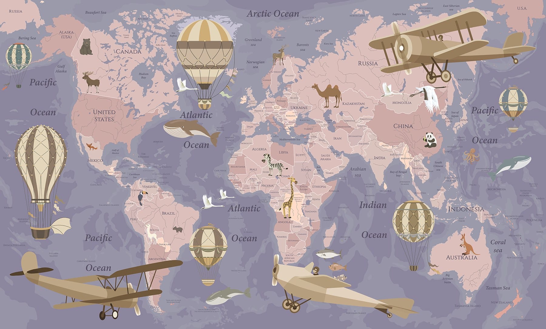 Um mapa do mundo com aviões e balões de ar quente u36066v4p - Um mapa do mundo com aviões e balões de ar quente