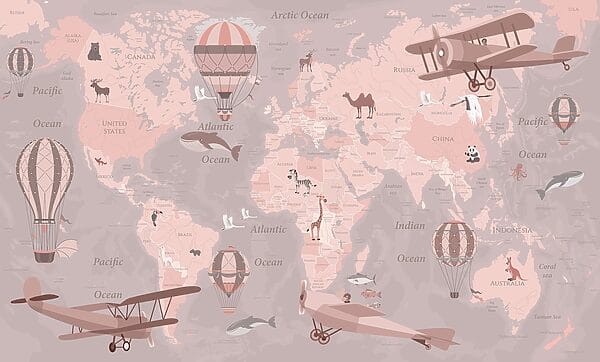 Um mapa do mundo com aviões e balões de ar quente Um mapa do mundo com aviões e balões de ar quente