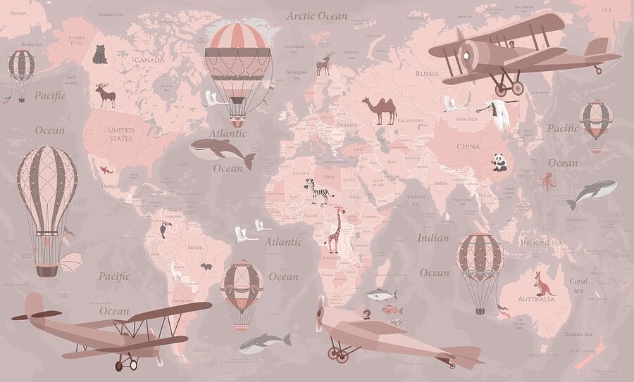 Um mapa do mundo com aviões e balões de ar quente