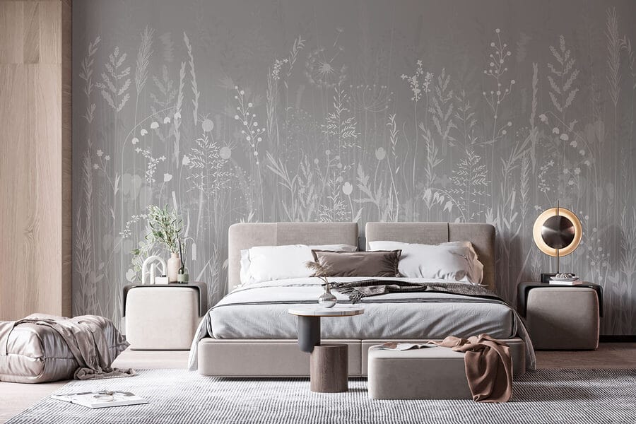 Papel de parede Fundo cinzento com relva e flores