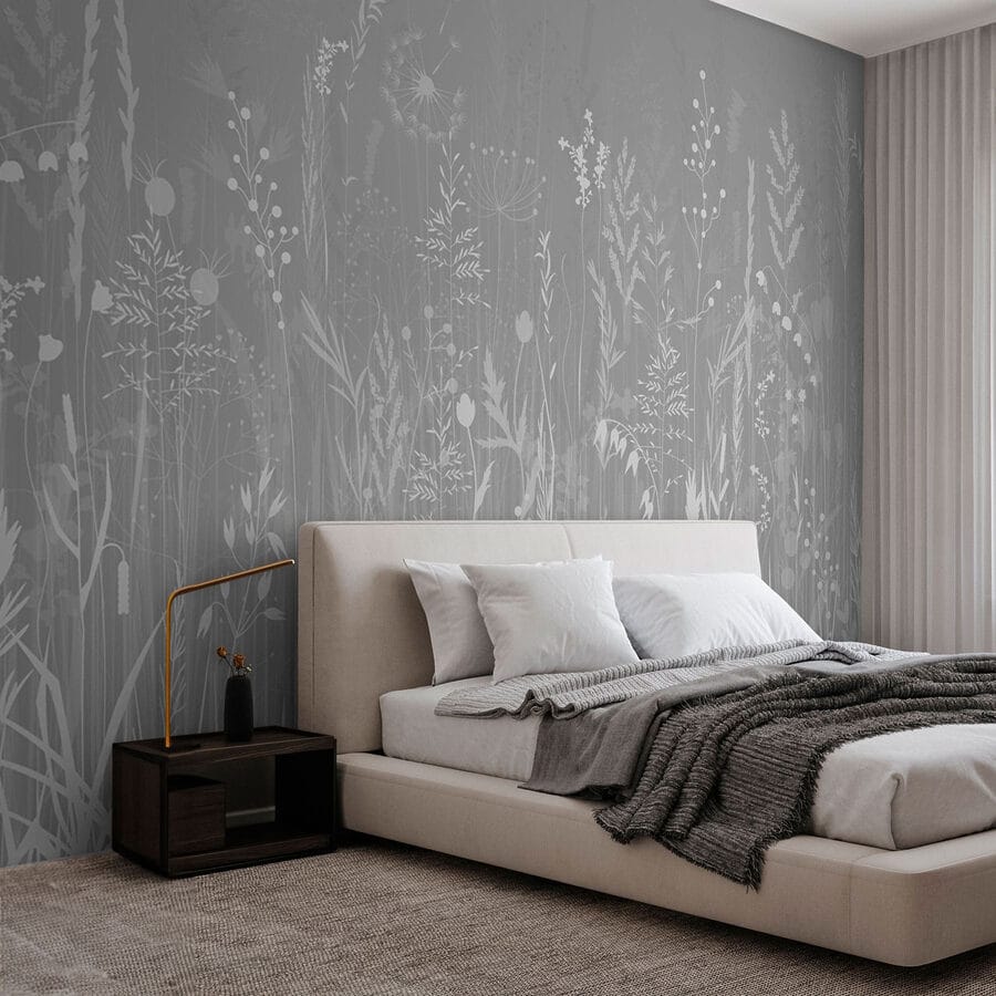 Papel de parede Fundo cinzento com relva e flores - Image 2