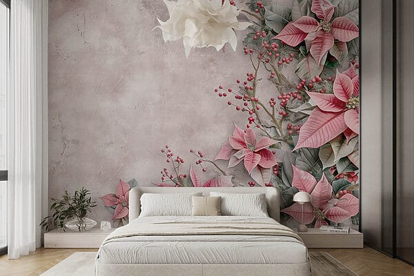 Flores e bagas cor-de-rosa numa superfície branca Flores e bagas cor-de-rosa numa superfície branca