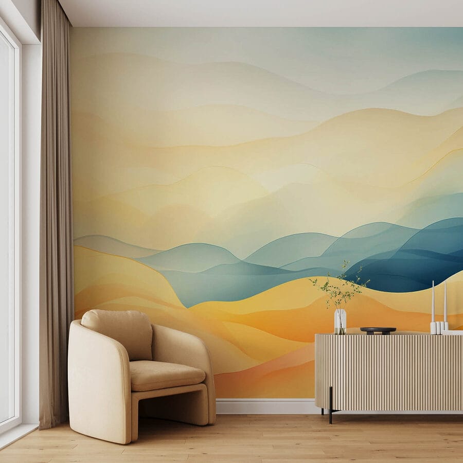 Colinas coloridas com ondas azuis e amarelas