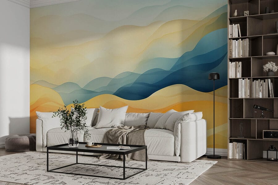Colinas coloridas com ondas azuis e amarelas