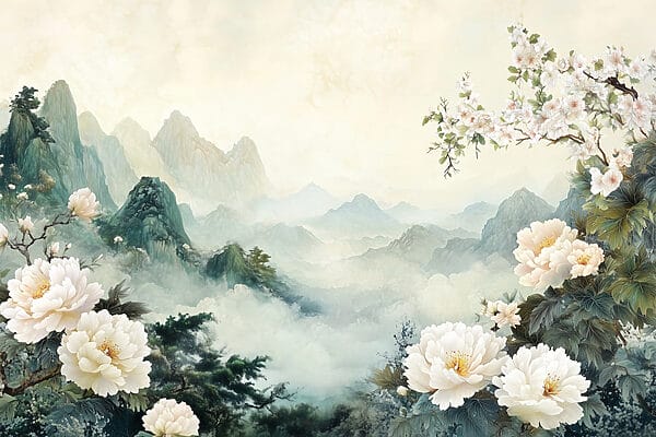 Pintura de flores e montanhas Pintura de flores e montanhas