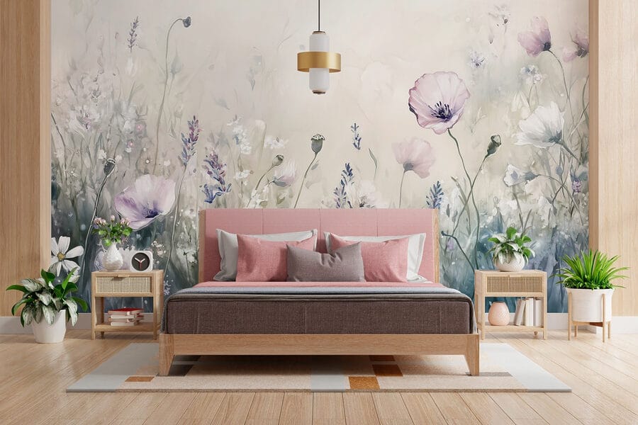 Pintura de flores num campo