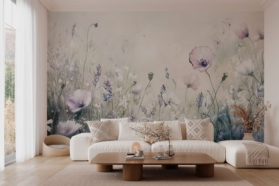 Pintura de flores num campo