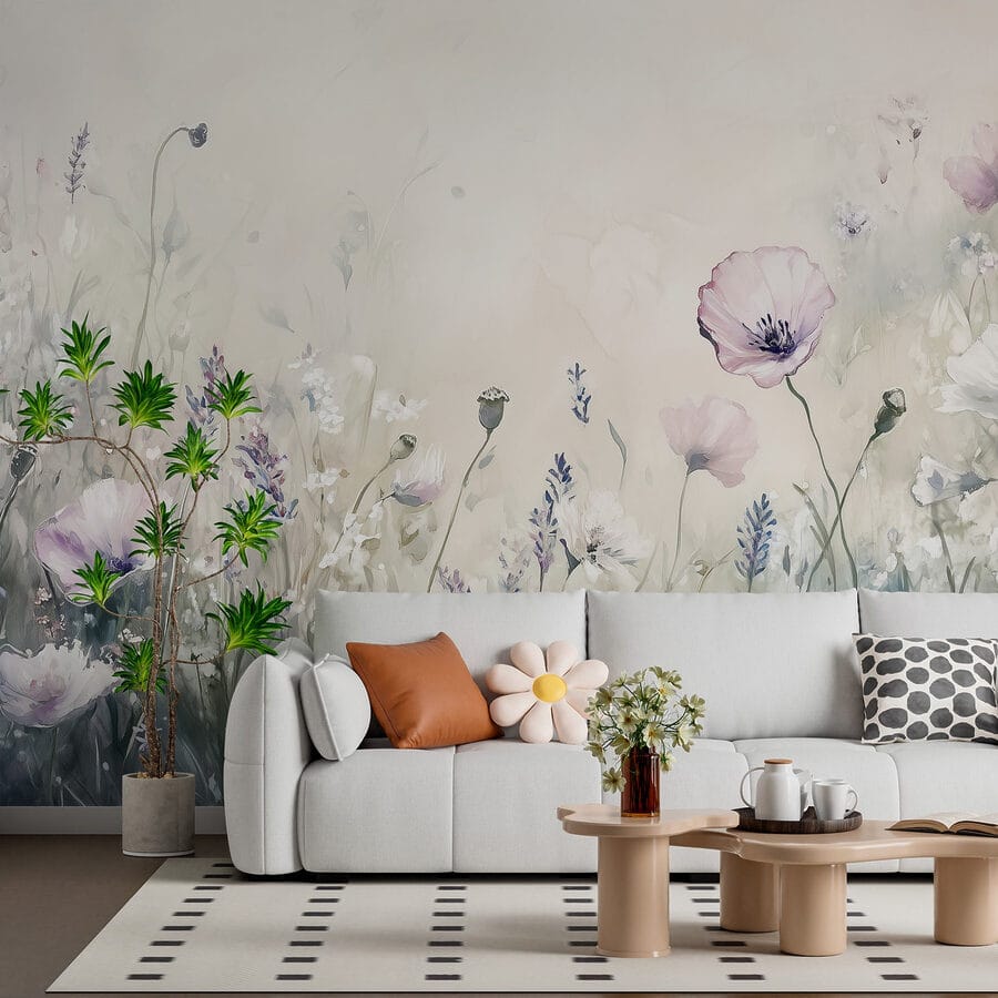 Pintura de flores num campo