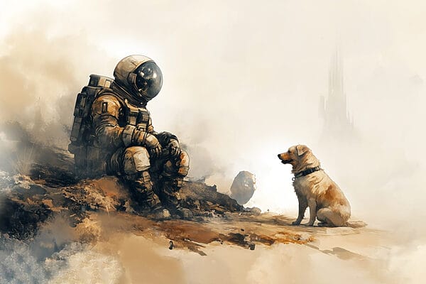 Um astronauta sentado numa rocha a olhar para um cão Um astronauta sentado numa rocha a olhar para um cão