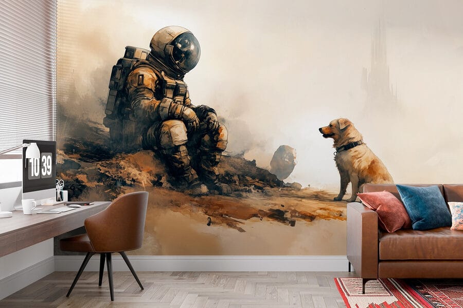 Um astronauta sentado numa rocha a olhar para um cão Um astronauta sentado numa rocha a olhar para um cão
