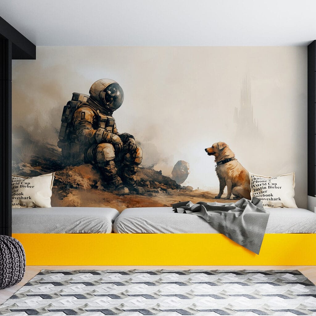 An astronaut sitting on a rock looking at a dog