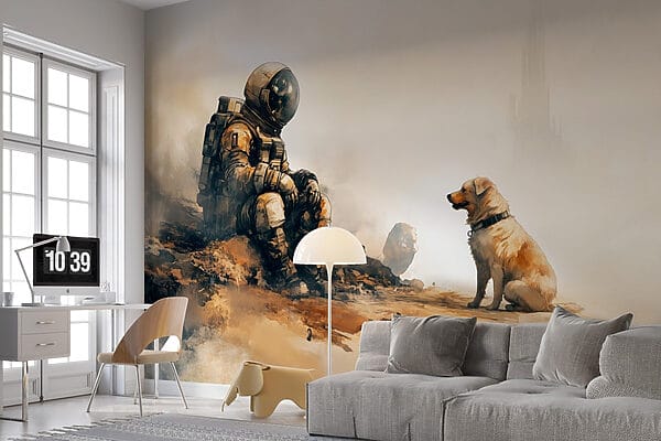 Um astronauta sentado numa rocha a olhar para um cão Um astronauta sentado numa rocha a olhar para um cão
