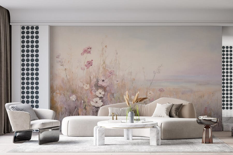 Pintura de flores num campo