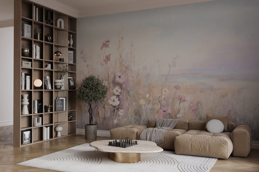 Pintura de flores num campo