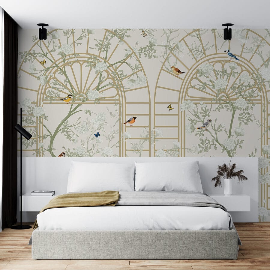 Papel de parede com uma escada e pássaros
