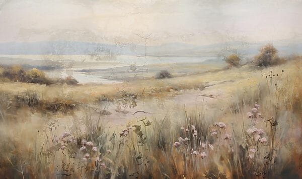Pintura de um campo com flores e um lago Pintura de um campo com flores e um lago