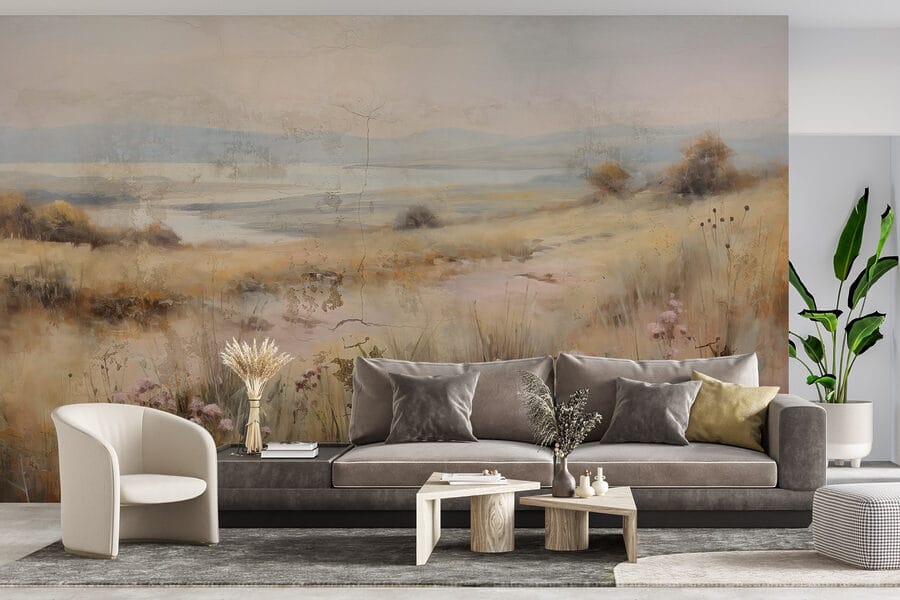 Pintura de um campo com flores e um lago