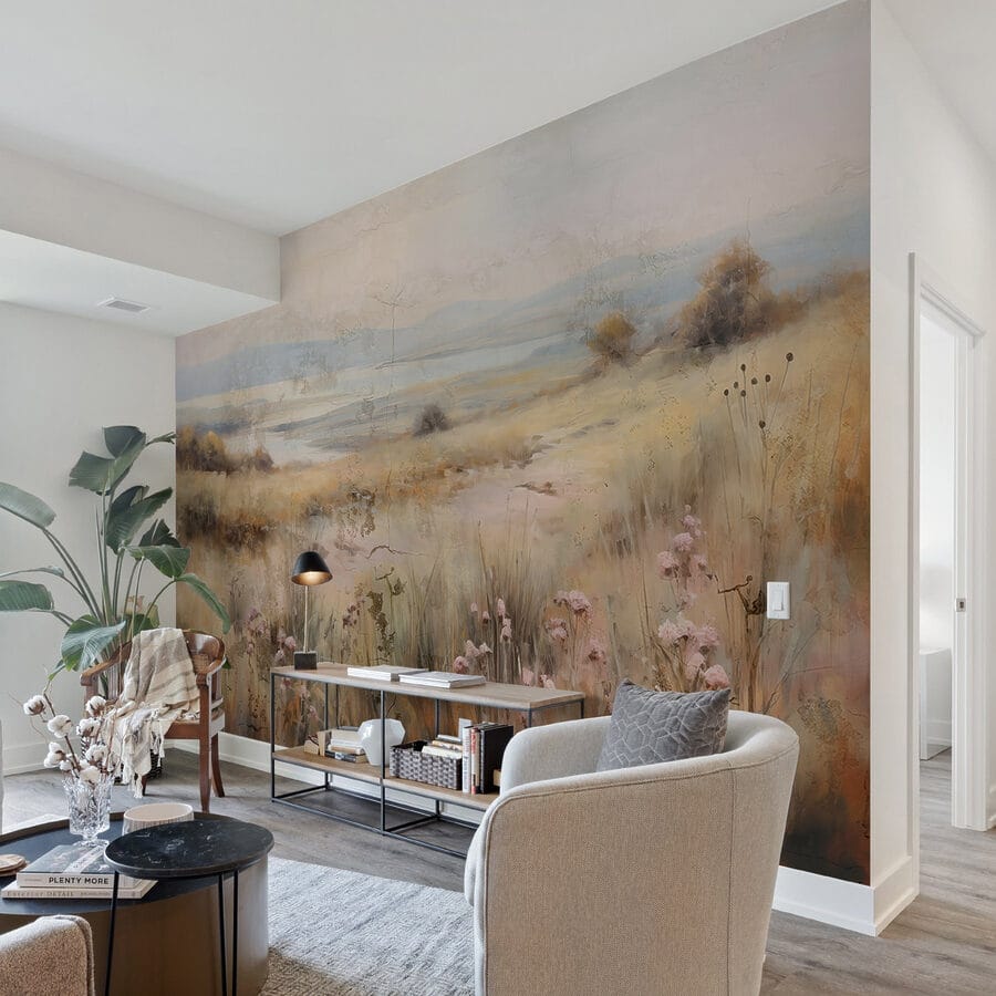 Pintura de um campo com flores e um lago