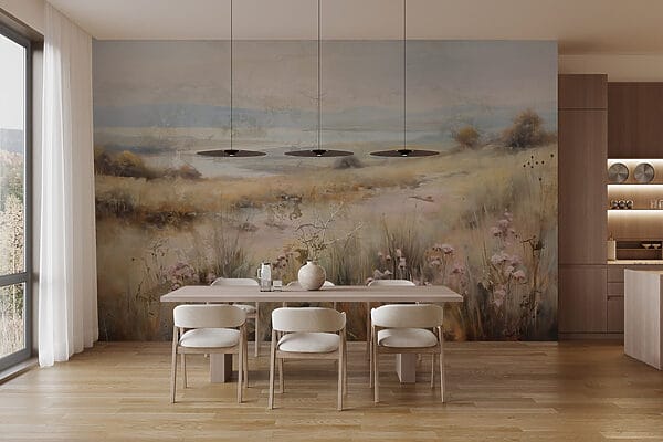 Pintura de um campo com flores e um lago Pintura de um campo com flores e um lago