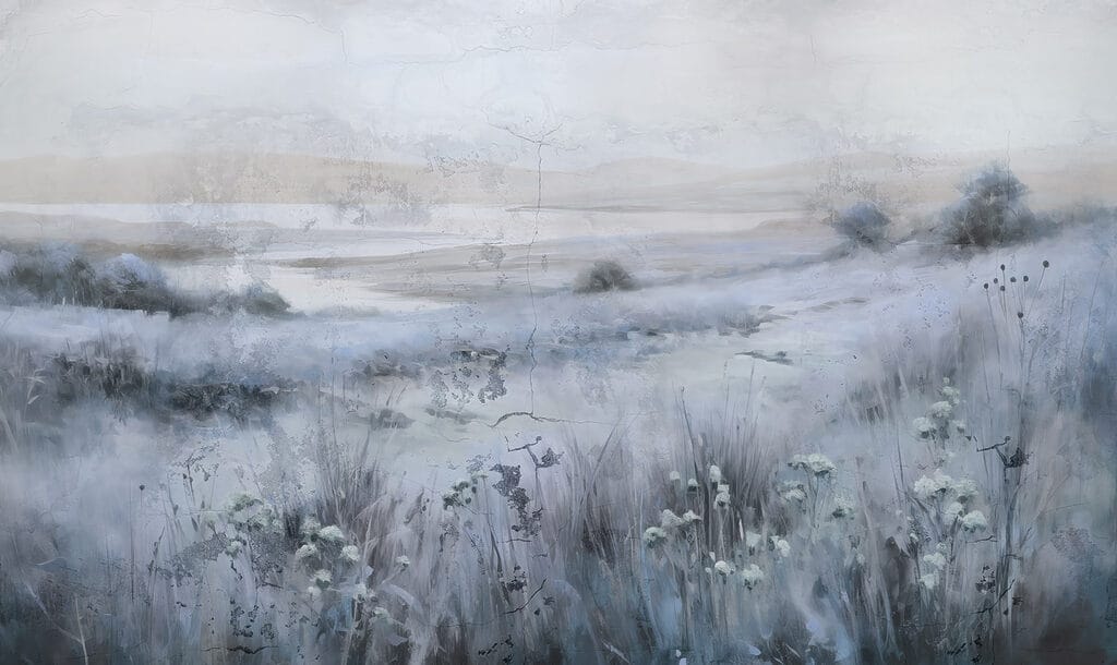 Pintura de um campo de relva e de um rio Pintura de um campo de relva e de um rio