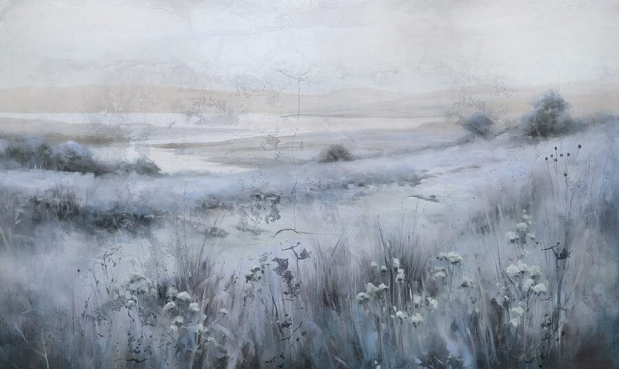 Pintura de um campo de relva e de um rio Pintura de um campo de relva e de um rio