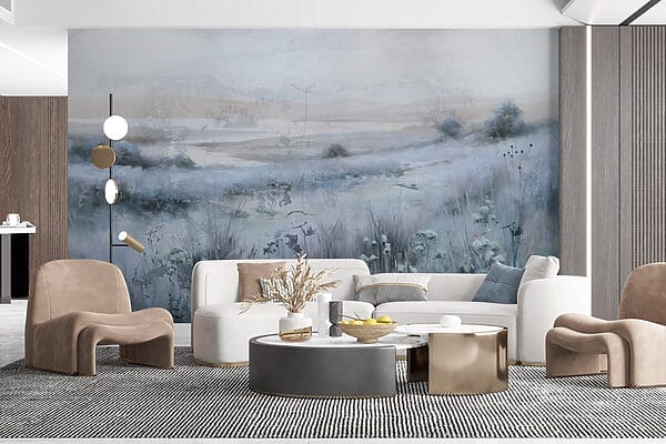 Pintura de um campo de relva e de um rio Pintura de um campo de relva e de um rio
