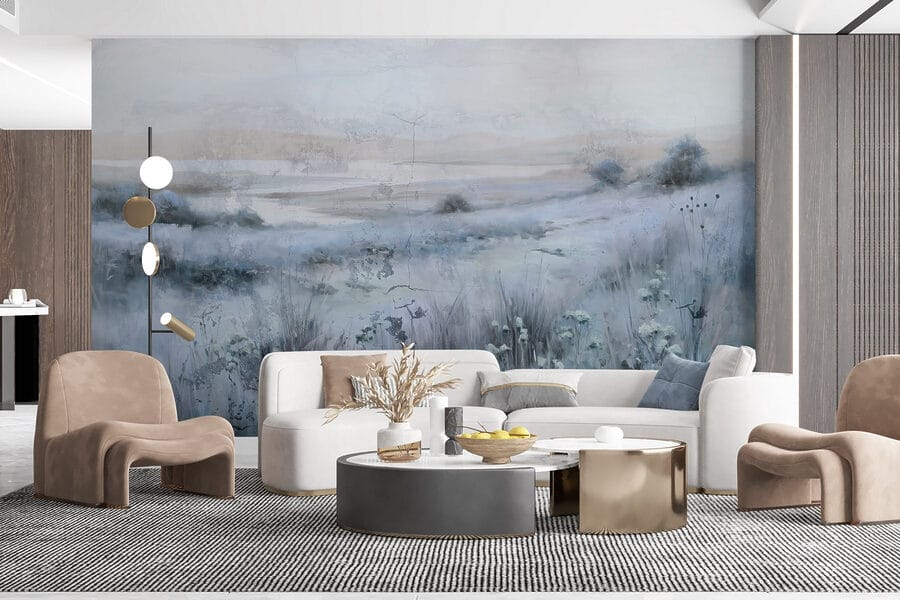 Pintura de um campo de relva e de um rio Pintura de um campo de relva e de um rio
