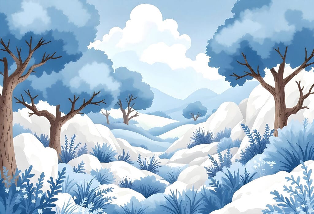 Paisagem de neve com árvores e arbustos Paisagem de neve com árvores e arbustos