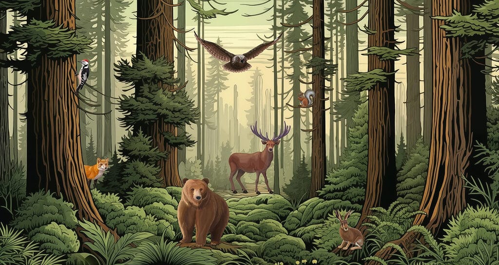 Forest with animals and birds