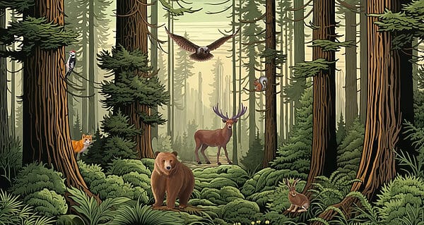 Forest with animals and birds