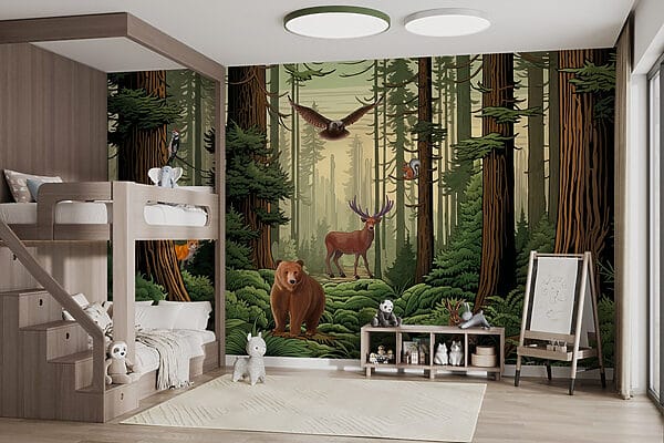 Papel de parede Floresta com animais e pássaros (REF: w03208) Papel de parede Papel de parede Floresta com animais e pássaros (REF: w03208)