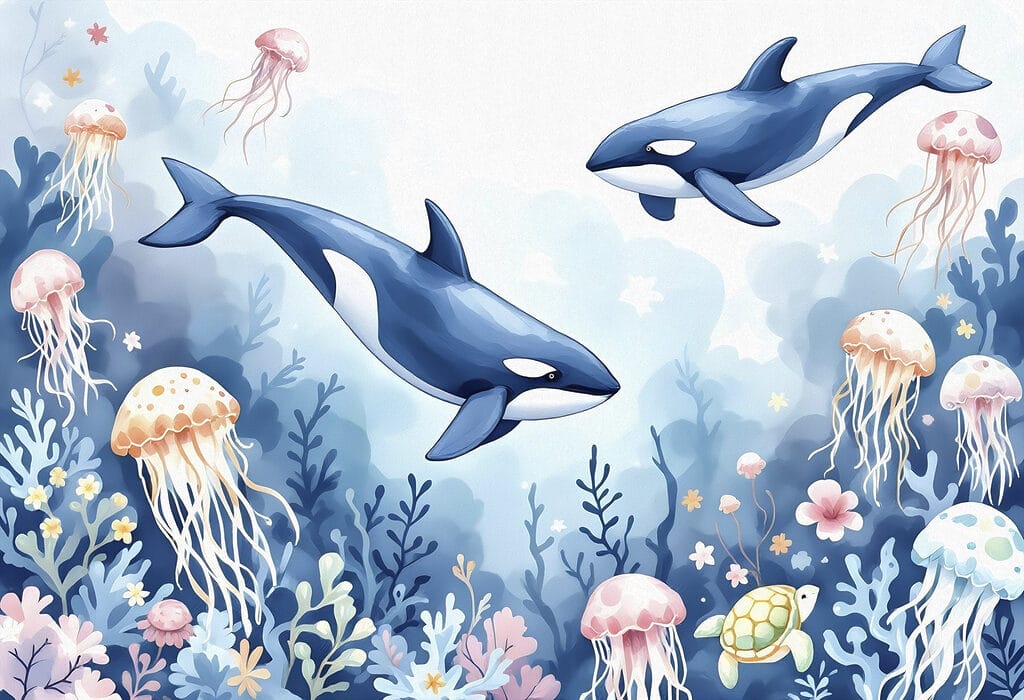 Baleia e tartaruga a nadar no oceano Baleia e tartaruga a nadar no oceano