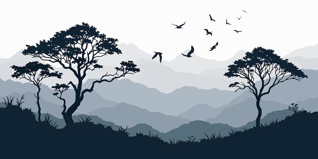 Pássaros a voar sobre uma cadeia de montanhas Pássaros a voar sobre uma cadeia de montanhas