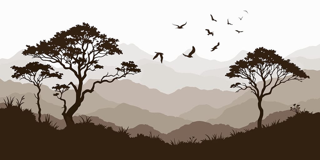 Pássaros a voar sobre uma cadeia de montanhas Pássaros a voar sobre uma cadeia de montanhas