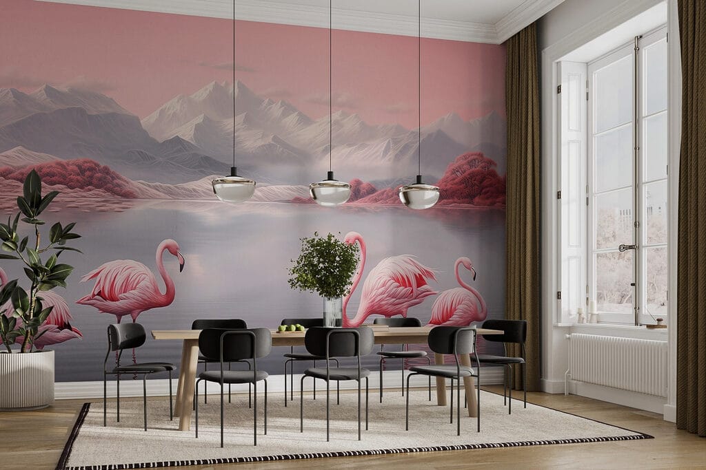 Two flamingos standing in water