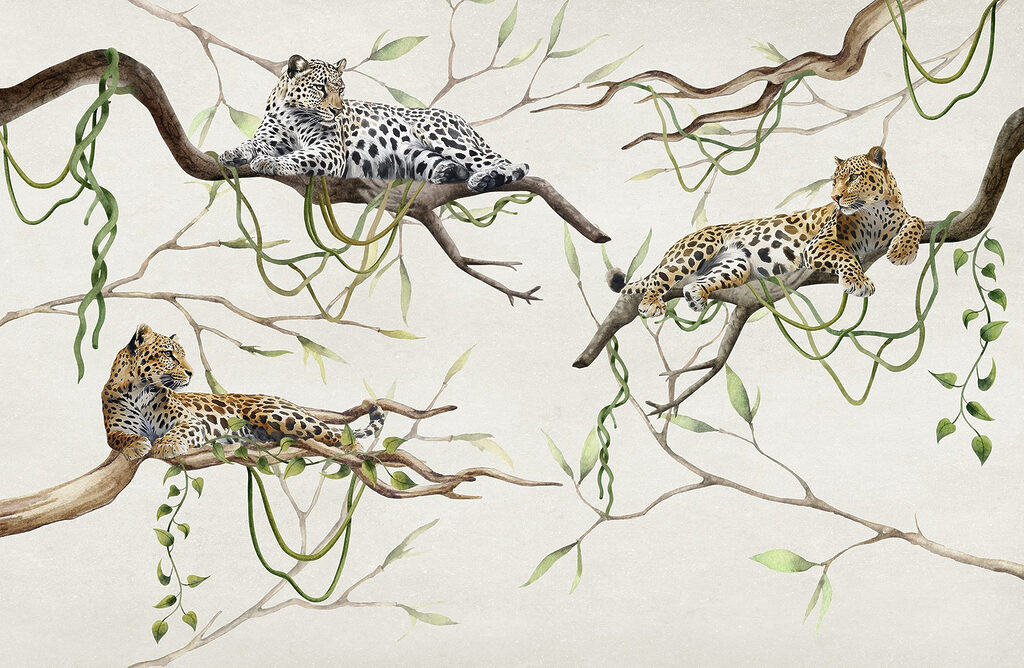 Grupo de leopardos deitados em ramos Grupo de leopardos deitados em ramos