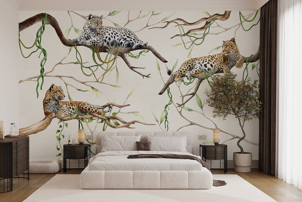 Group of leopards lying on branches